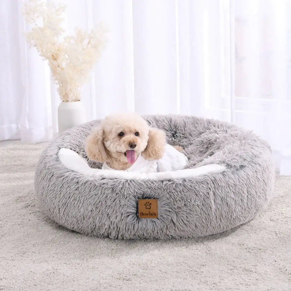 Charlie's - Snookie Hooded Pet Bed - Faux Fur - Grey