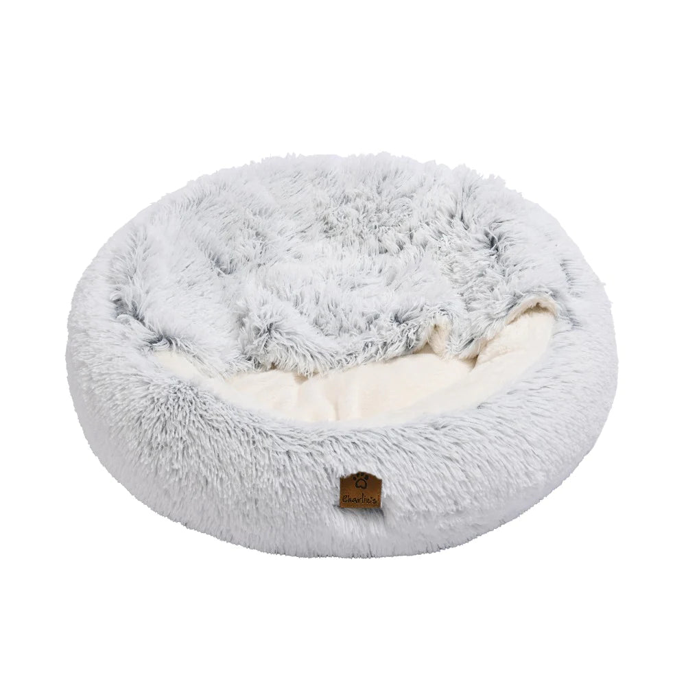 Charlie's - Snookie Hooded Pet Bed - Faux Fur - Arctic White