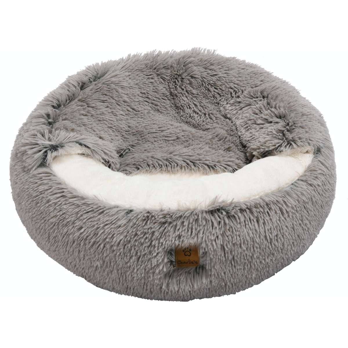 Charlie's - Snookie Hooded Pet Bed - Faux Fur - Grey